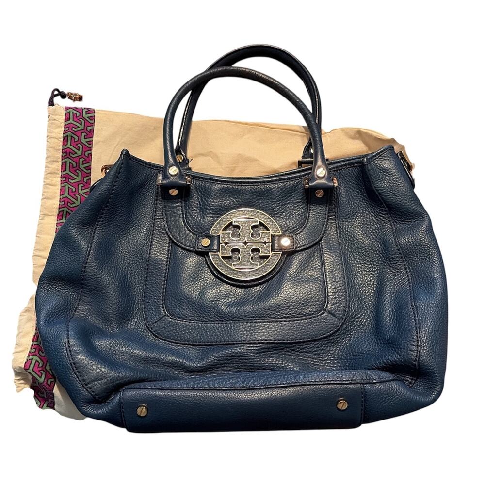 Tory Burch Blue Amanda Classic Hobo Pebbled Leather Gold Hardware + Dust Bag